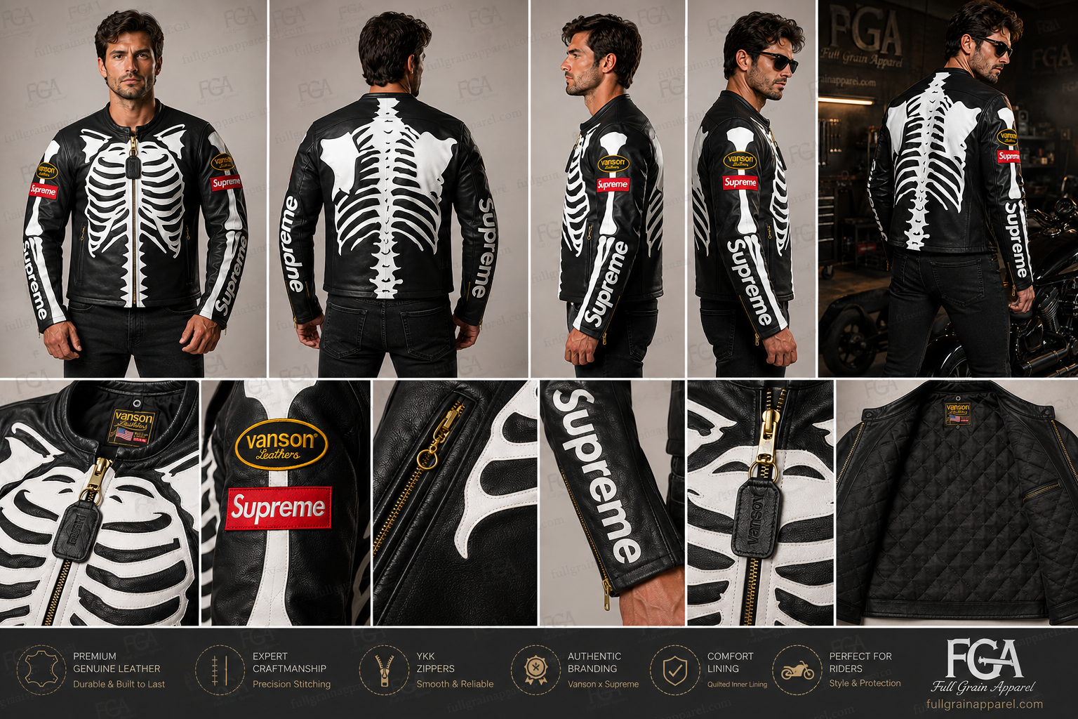 Men's skeleton leather motorcycle jacket front back side and construction details