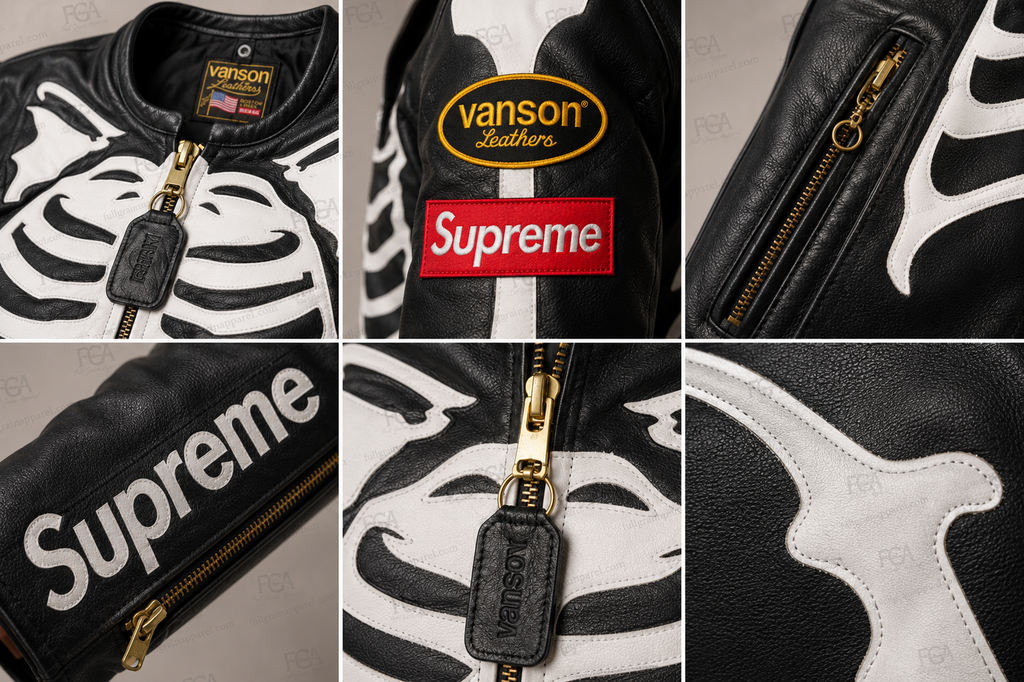 Skeleton motorcycle jacket leather applique patches and gold zipper details