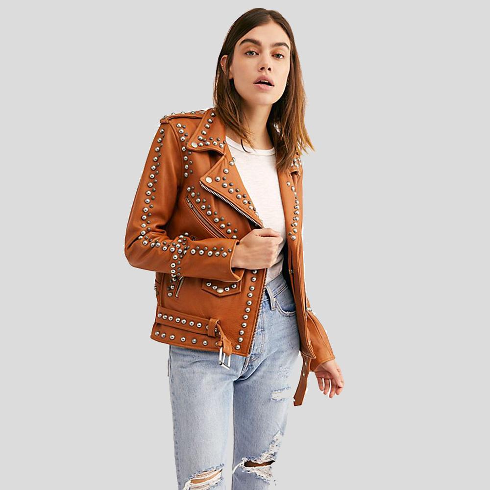 Women's Avail Tan Studded Leather Jacket | Genuine Lambskin | Full Grain Apparel