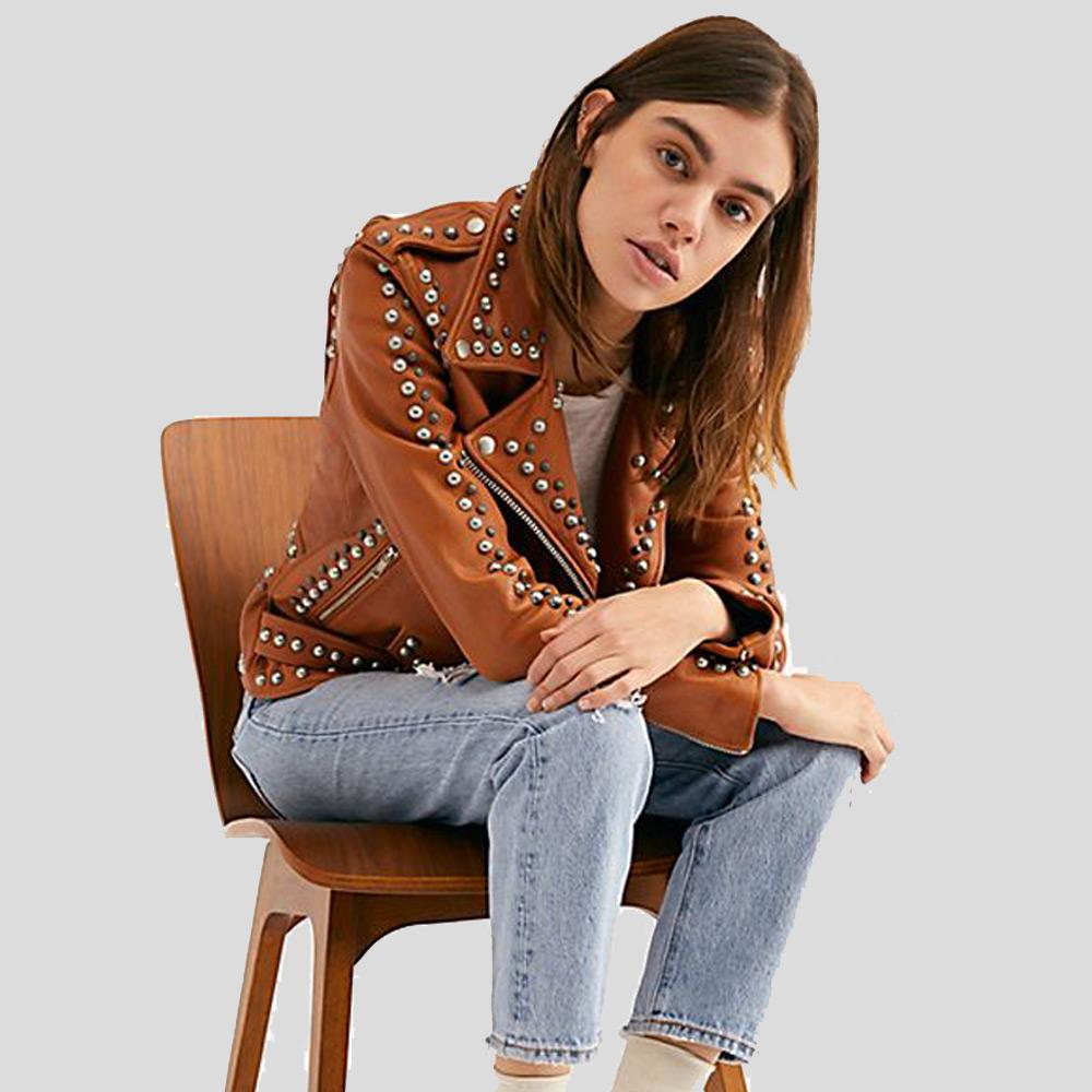 Women's Avail Tan Studded Leather Jacket | Genuine Lambskin | Full Grain Apparel