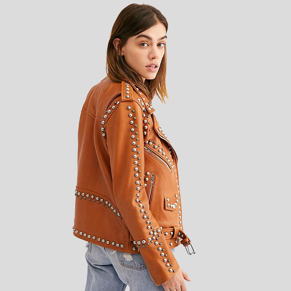 Women's Avail Tan Studded Leather Jacket | Genuine Lambskin | Full Grain Apparel