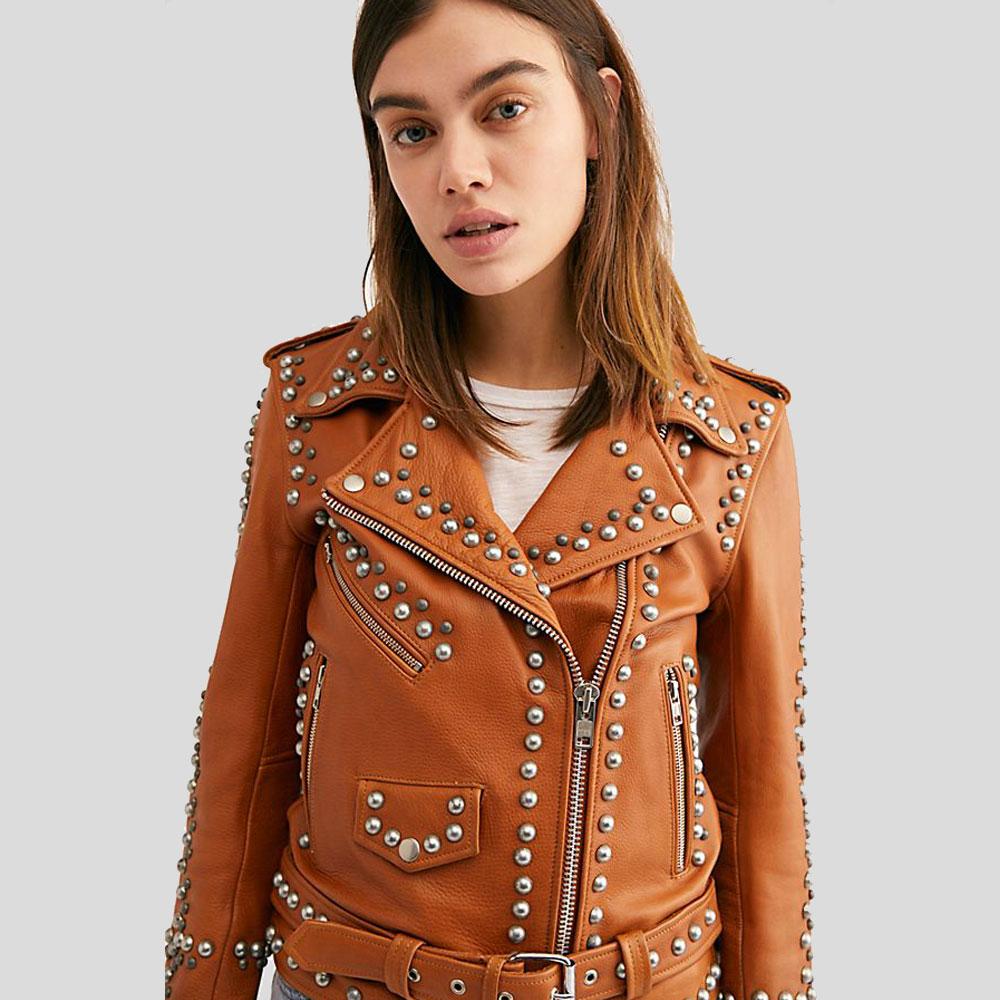 Women's Avail Tan Studded Leather Jacket | Genuine Lambskin | Full Grain Apparel