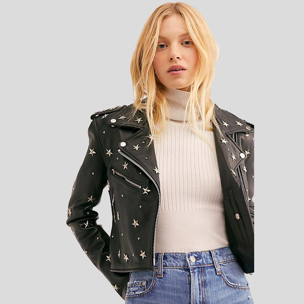 Women's Eva Black Studded Leather Jacket | Genuine Lambskin | Full Grain Apparel