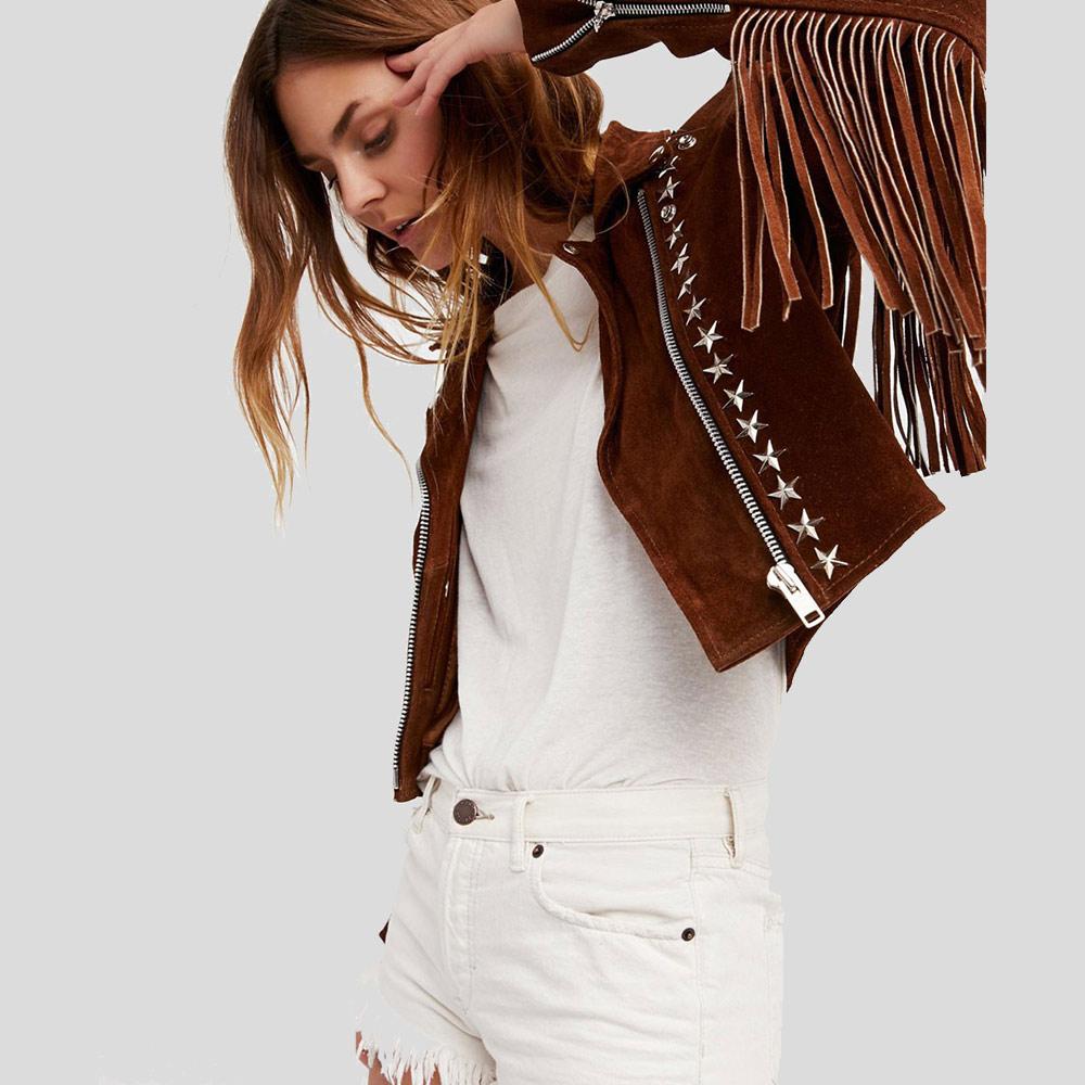 Women's Nora Brown Studded Suede Leather Jacket with Fringes | Full Grain Apparel
