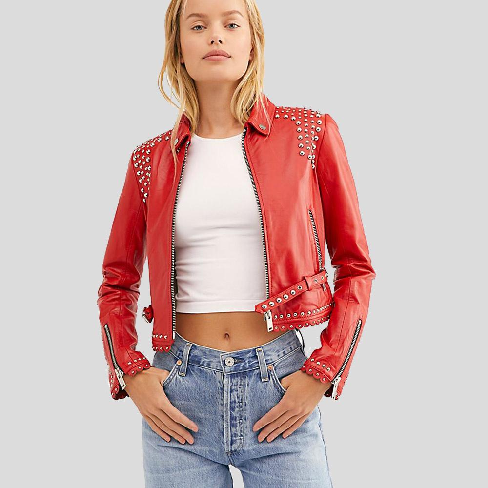 Women's Isabel Red Studded Leather Jacket | Genuine Lambskin | Full Grain Apparel