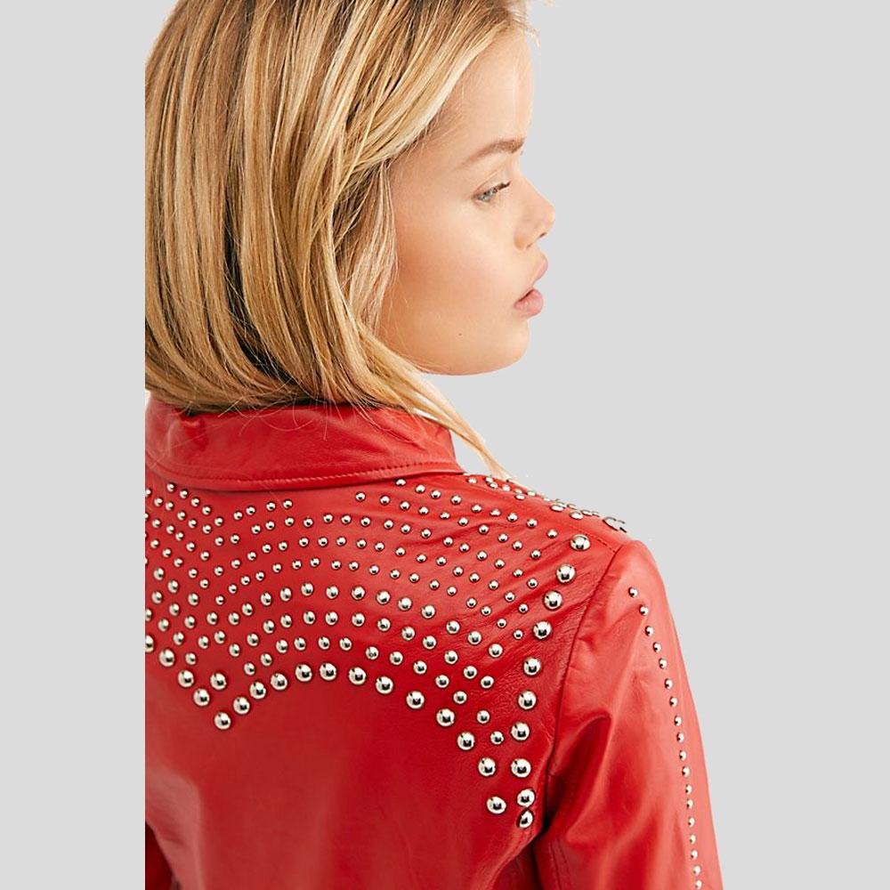 Women's Isabel Red Studded Leather Jacket | Genuine Lambskin | Full Grain Apparel