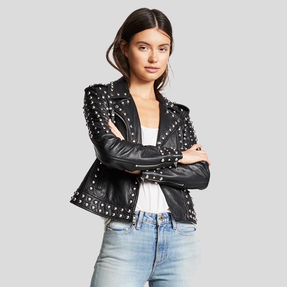 Women's Jasmine Black Studded Leather Jacket | Biker Style | Full Grain Apparel