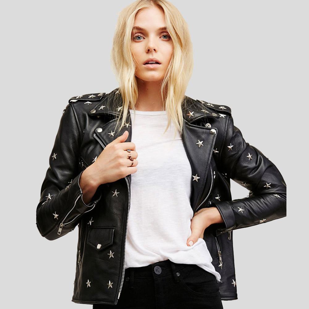 Women's Khloe Black Studded Leather Jacket | Biker Edge | Full Grain Apparel