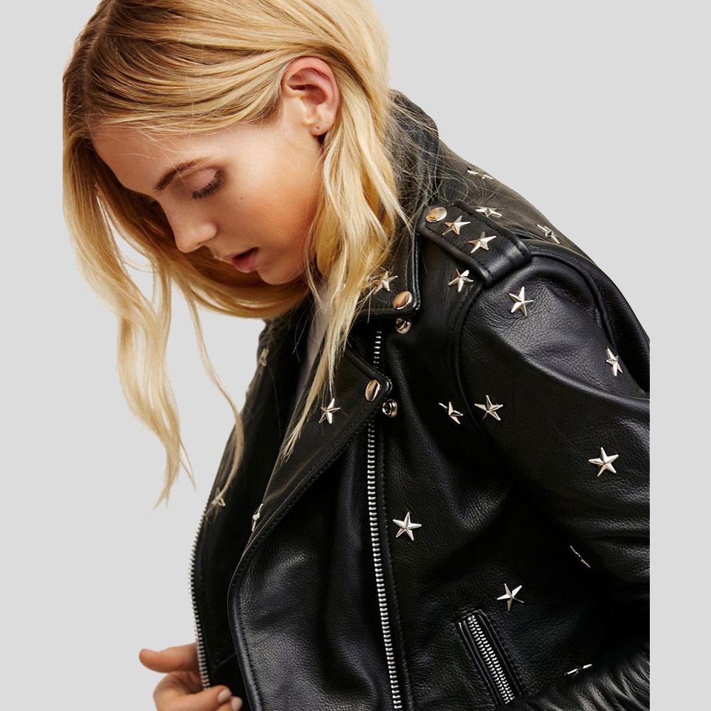 Women's Khloe Black Studded Leather Jacket | Biker Edge | Full Grain Apparel
