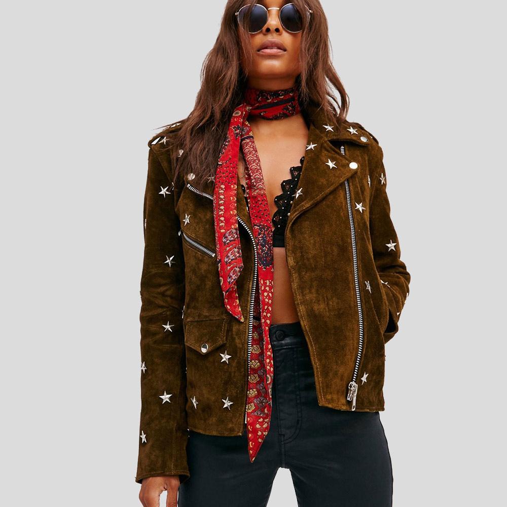 Women's Melody Brown Studded Suede Leather Jacket | Full Grain Apparel
