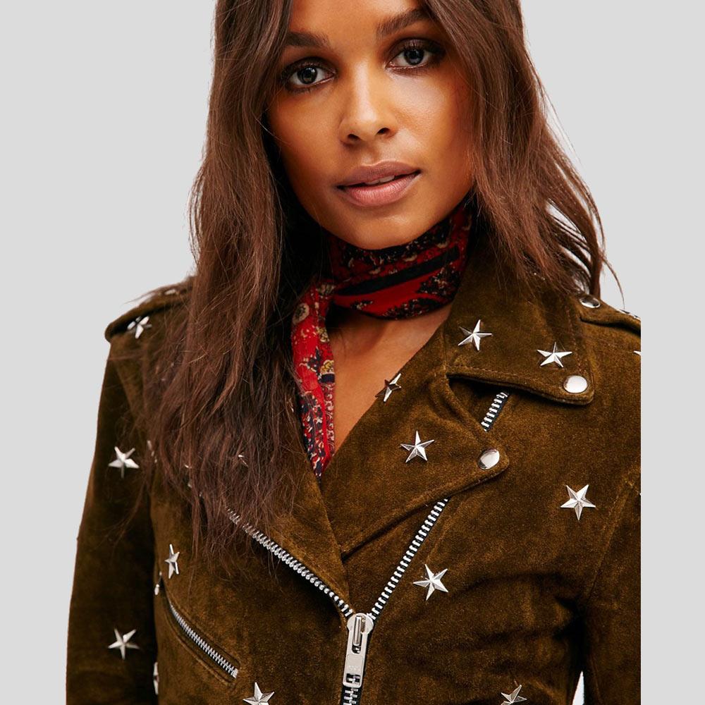 Women's Melody Brown Studded Suede Leather Jacket | Full Grain Apparel