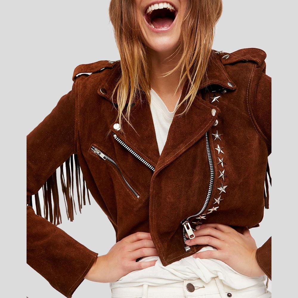 Women's Nora Brown Studded Suede Leather Jacket with Fringes | Full Grain Apparel
