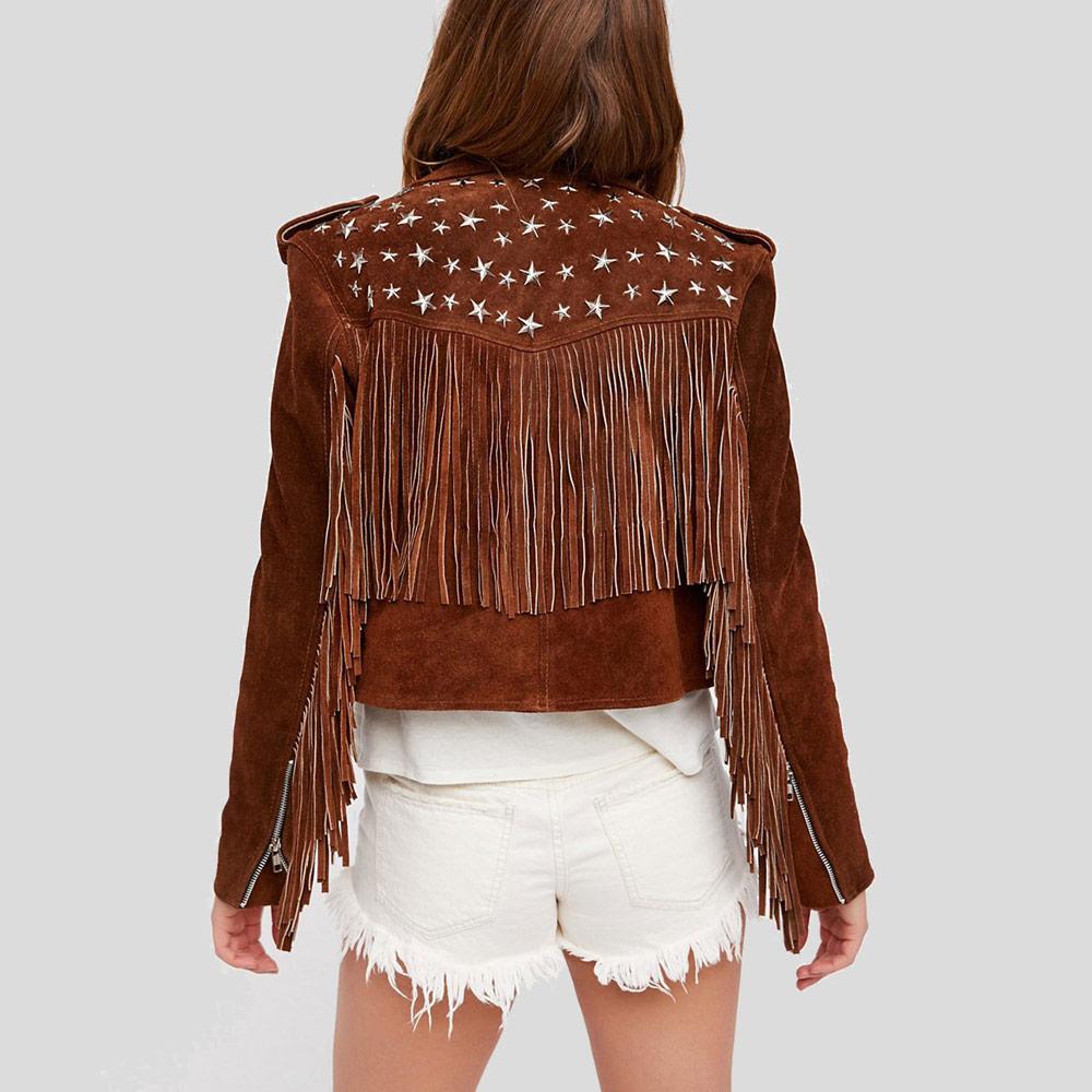 Women's Nora Brown Studded Suede Leather Jacket with Fringes | Full Grain Apparel