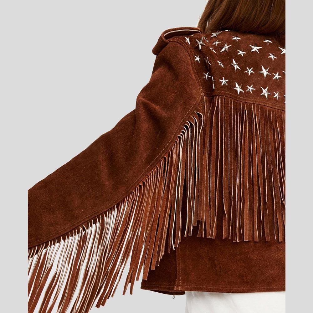 Women's Nora Brown Studded Suede Leather Jacket with Fringes | Full Grain Apparel
