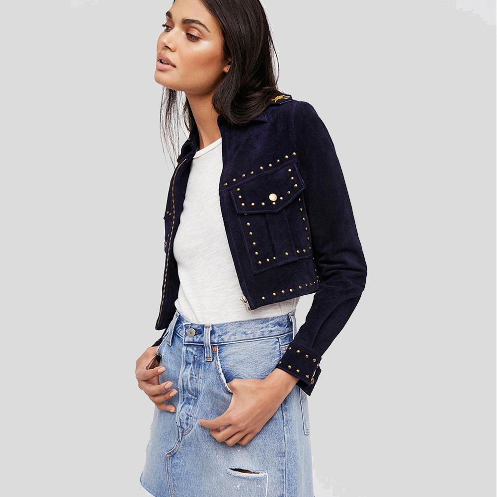 Women's Eliza Blue Studded Suede Leather Jacket | Full Grain Apparel