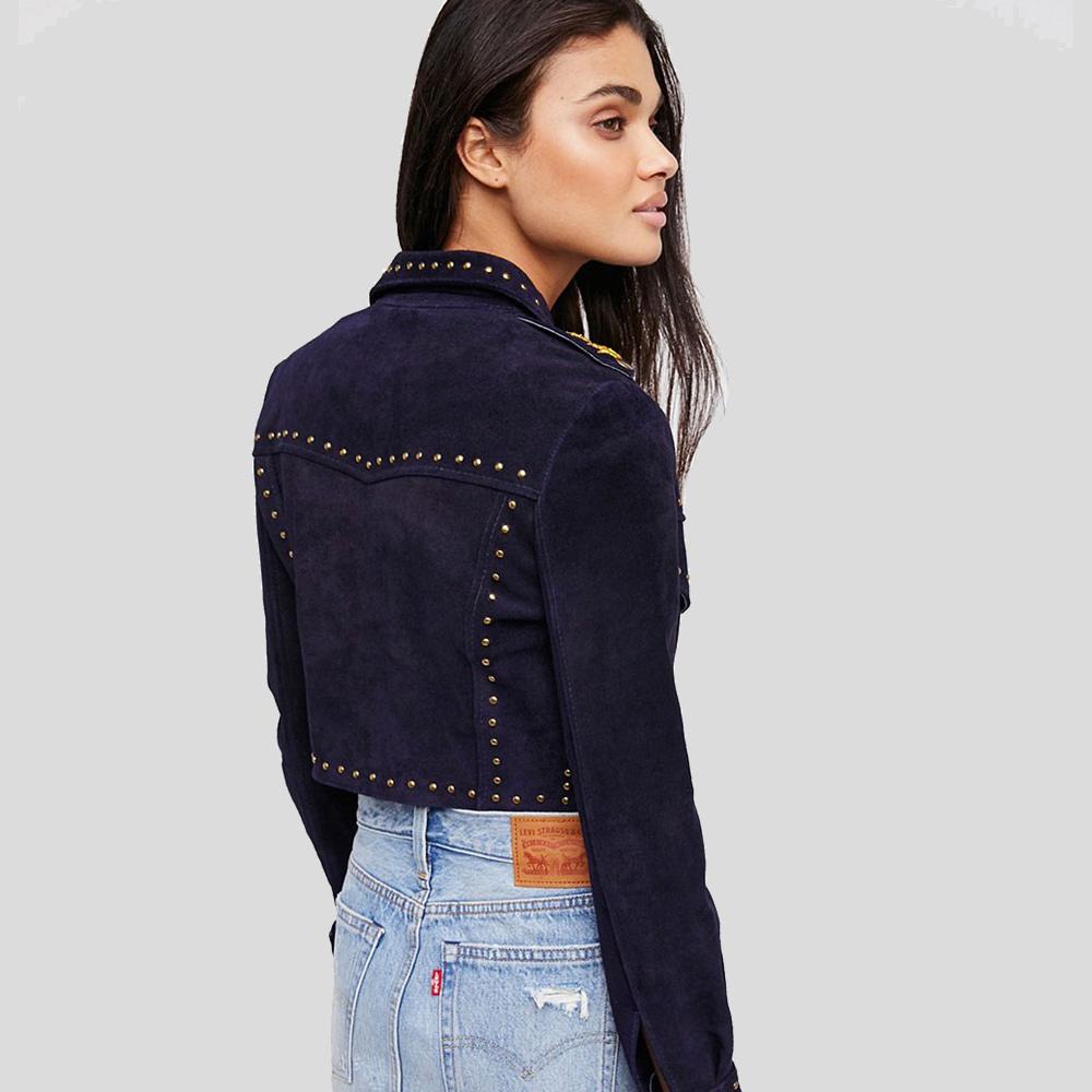 Women's Eliza Blue Studded Suede Leather Jacket | Full Grain Apparel