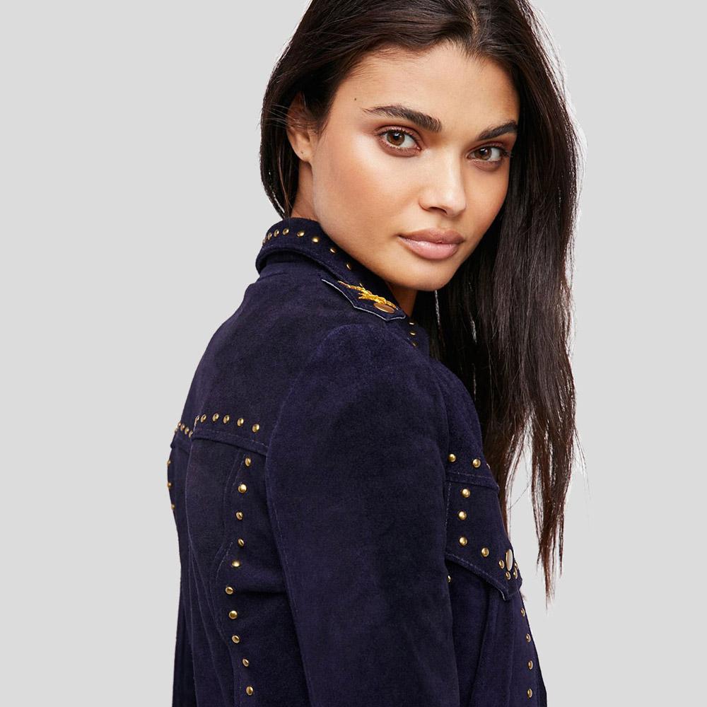 Women's Eliza Blue Studded Suede Leather Jacket | Full Grain Apparel