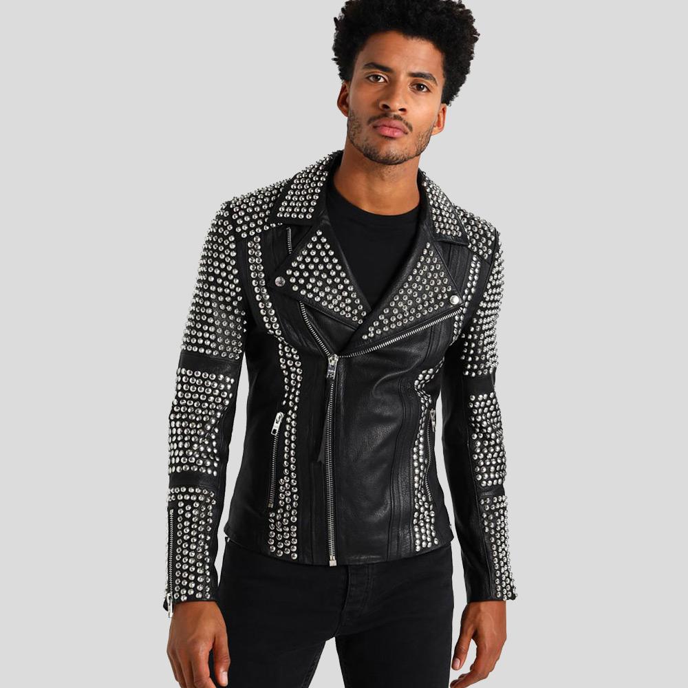 Men's Jaxon Black Studded Leather Jacket | 6-Pocket Biker | Full Grain Apparel