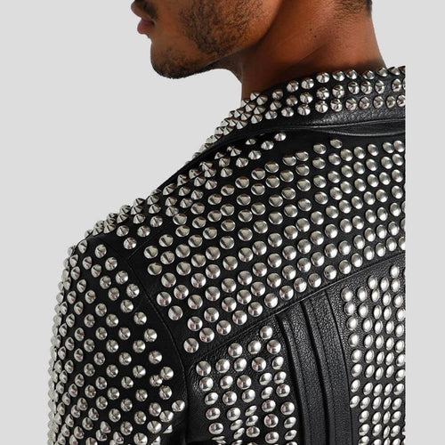 Chaqueta de cuero con tachuelas Jaxon negra para hombre | Motera de 6 bolsillos | Prenda de piel de plena flor