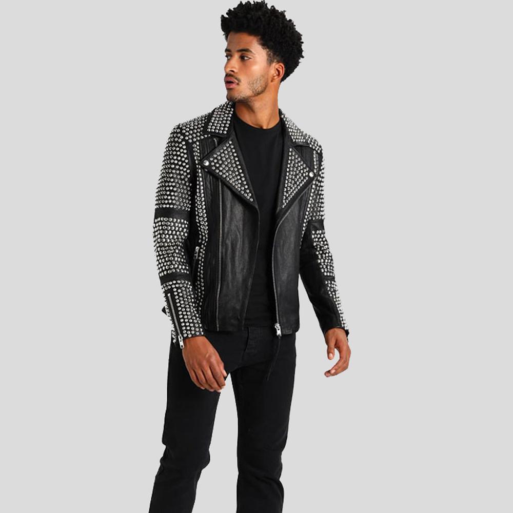 Chaqueta de cuero con tachuelas Jaxon negra para hombre | Motera de 6 bolsillos | Prenda de piel de plena flor