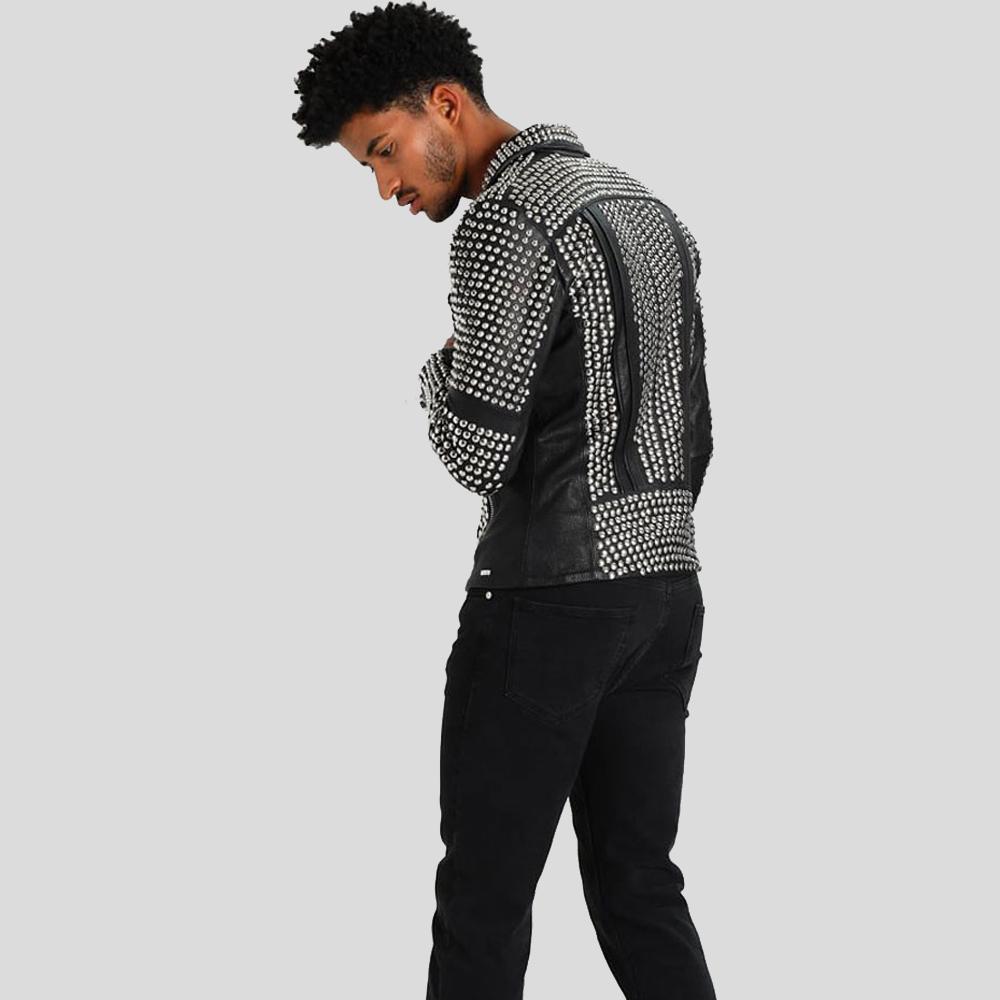 Chaqueta de cuero con tachuelas Jaxon negra para hombre | Motera de 6 bolsillos | Prenda de piel de plena flor