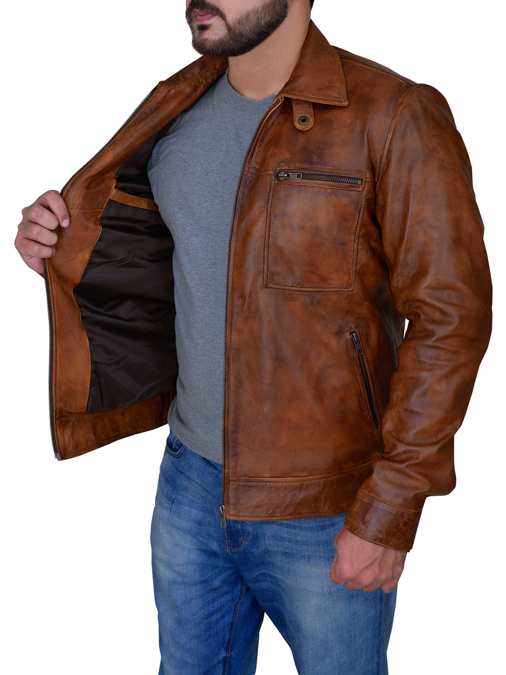 Chaqueta de cuero marrón envejecido para hombre | Estilo vintage robusto y clásico | Prenda de piel de plena flor