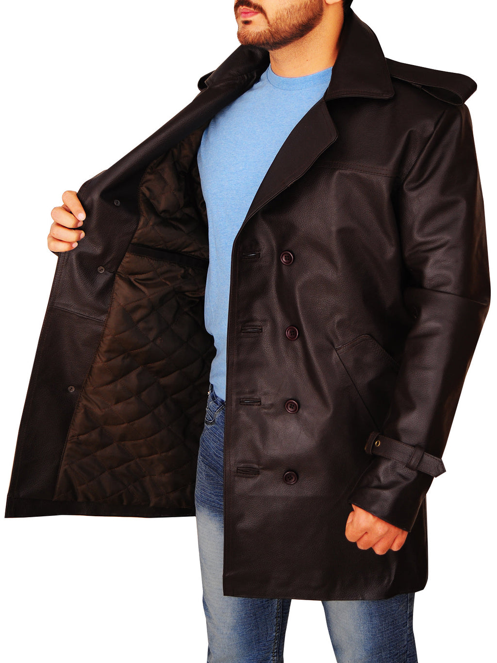 Men’s Brown Leather Peacoat | Classic Double-Breasted Style | Full Grain Apparel