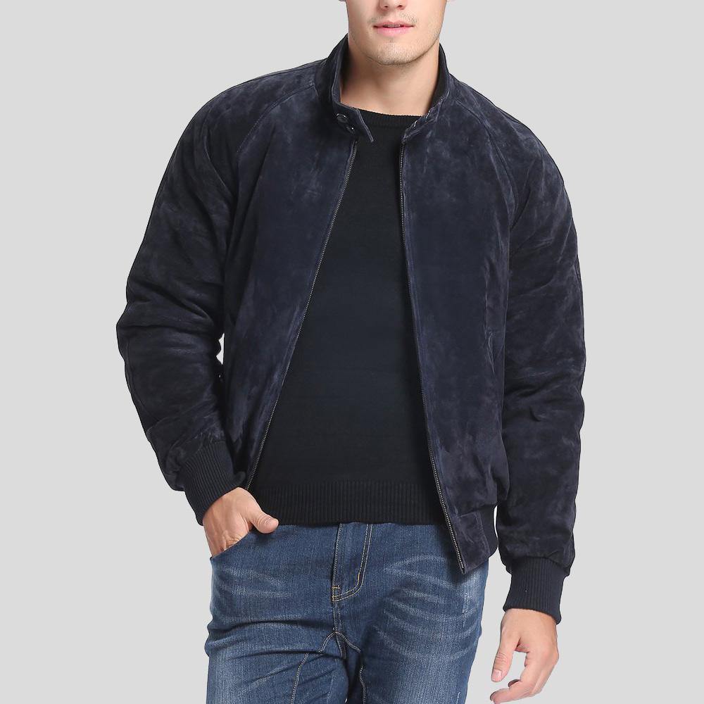 Men's Admiral Navy Blue Suede Bomber Leather Jacket | Full Grain Apparel