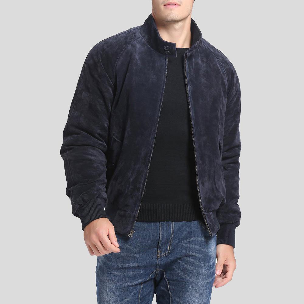 Men's Admiral Navy Blue Suede Bomber Leather Jacket | Full Grain Apparel