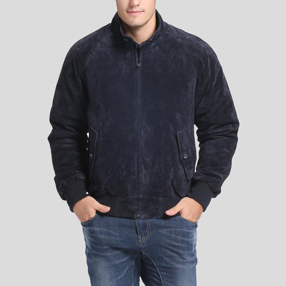Men's Admiral Navy Blue Suede Bomber Leather Jacket | Full Grain Apparel