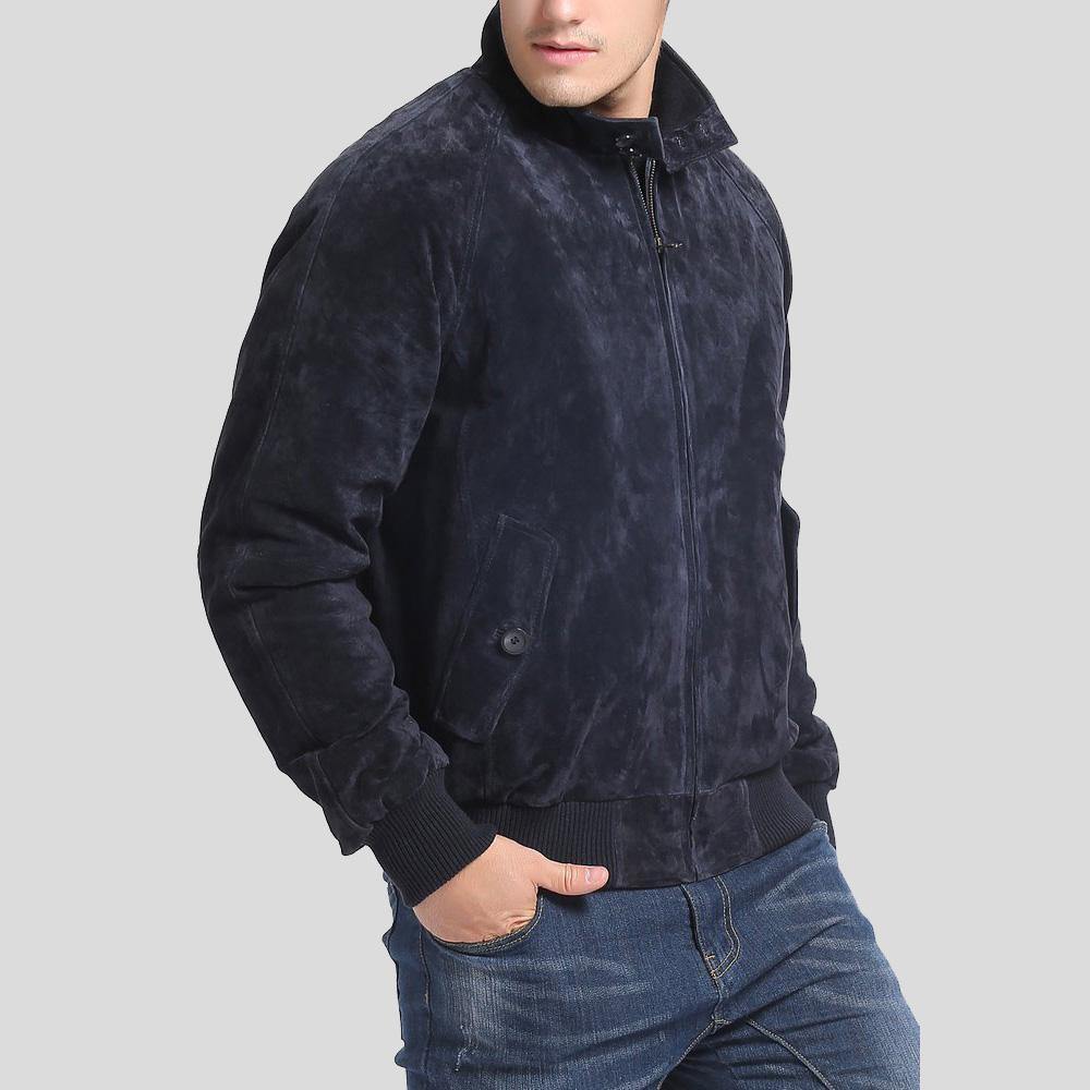 Men's Admiral Navy Blue Suede Bomber Leather Jacket | Full Grain Apparel