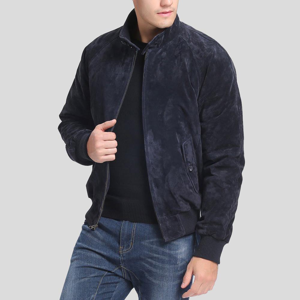 Men's Admiral Navy Blue Suede Bomber Leather Jacket | Full Grain Apparel