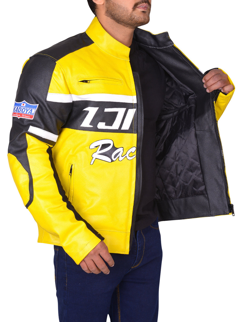 Chaqueta de cuero de motociclista negra y amarilla para hombre | Estilo de carreras de alto contraste | Prenda de cuero plena flor
