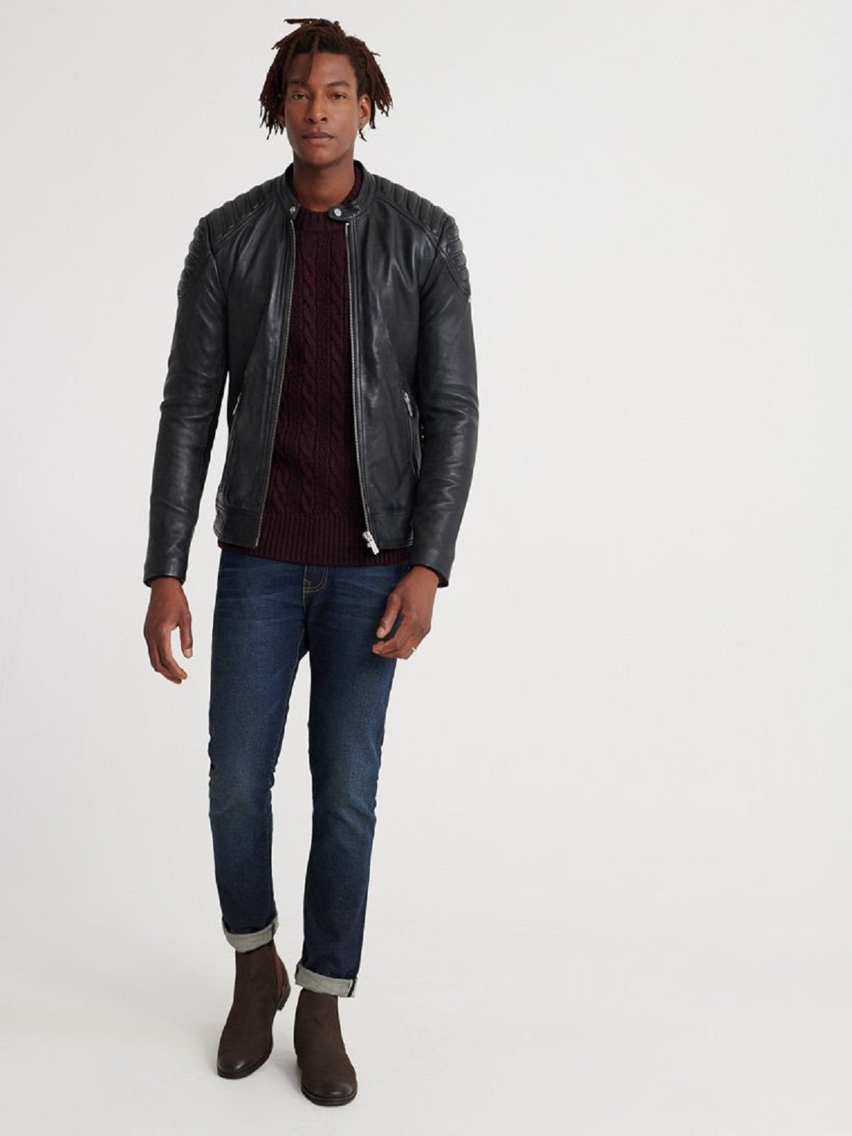Chaqueta de cuero Cafe Racer Stealth Black para hombre | Moto minimalista urbana | Prendas de piel plena flor
