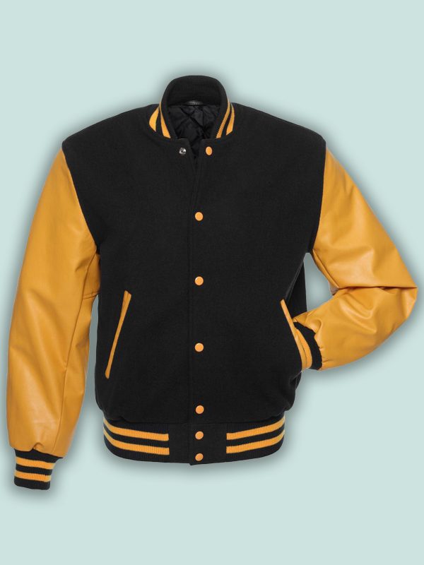 Men’s Black & Gold Varsity Jacket | Elite Collegiate Style | Full Grain Apparel