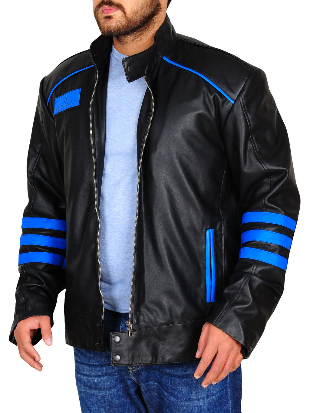 Chaqueta de cuero de motociclista negra y azul para hombre | Estilo Moto Eléctrica | Prenda de piel plena flor