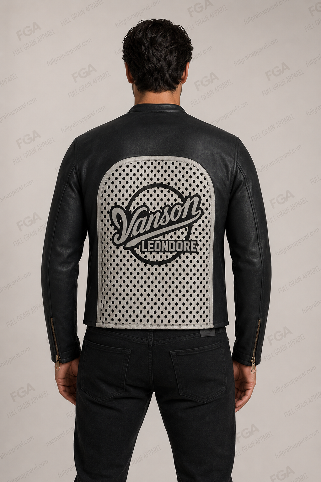 Vanson Aimé Leon Dore leather jacket back view with perforated white panel
