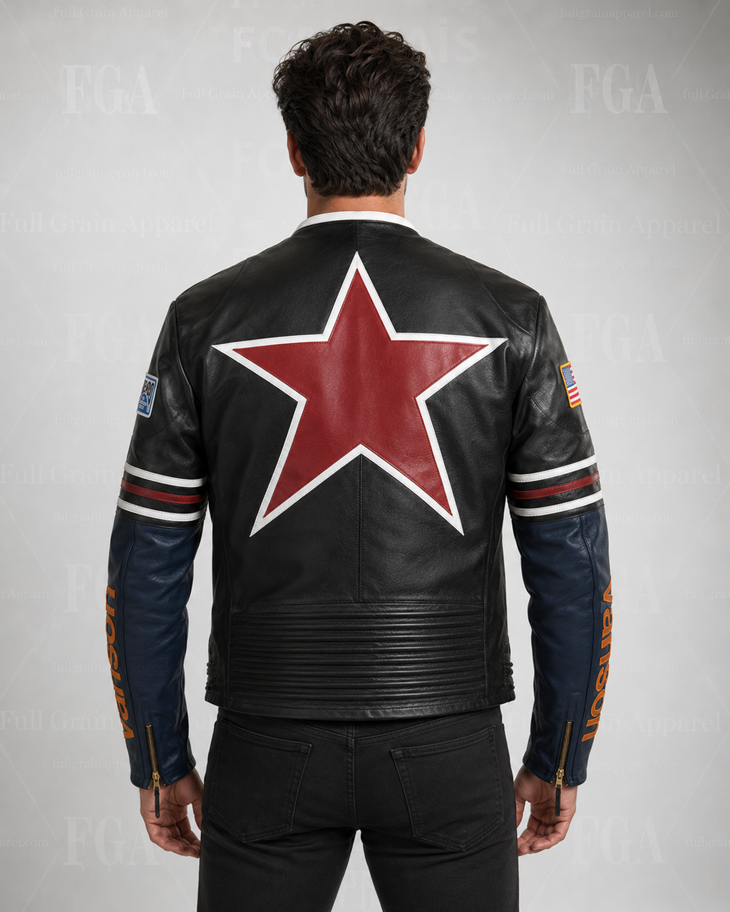 Vanson motorsport leather jacket back view with a large red star