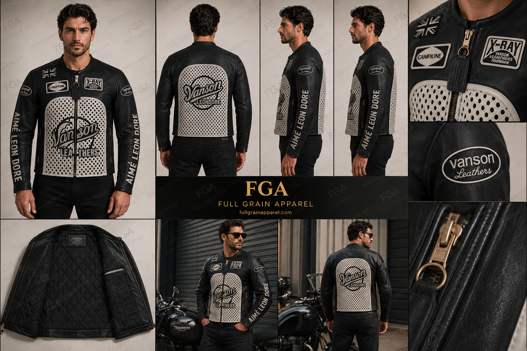 Vanson perforated leather racing jacket front back side lining and zipper details