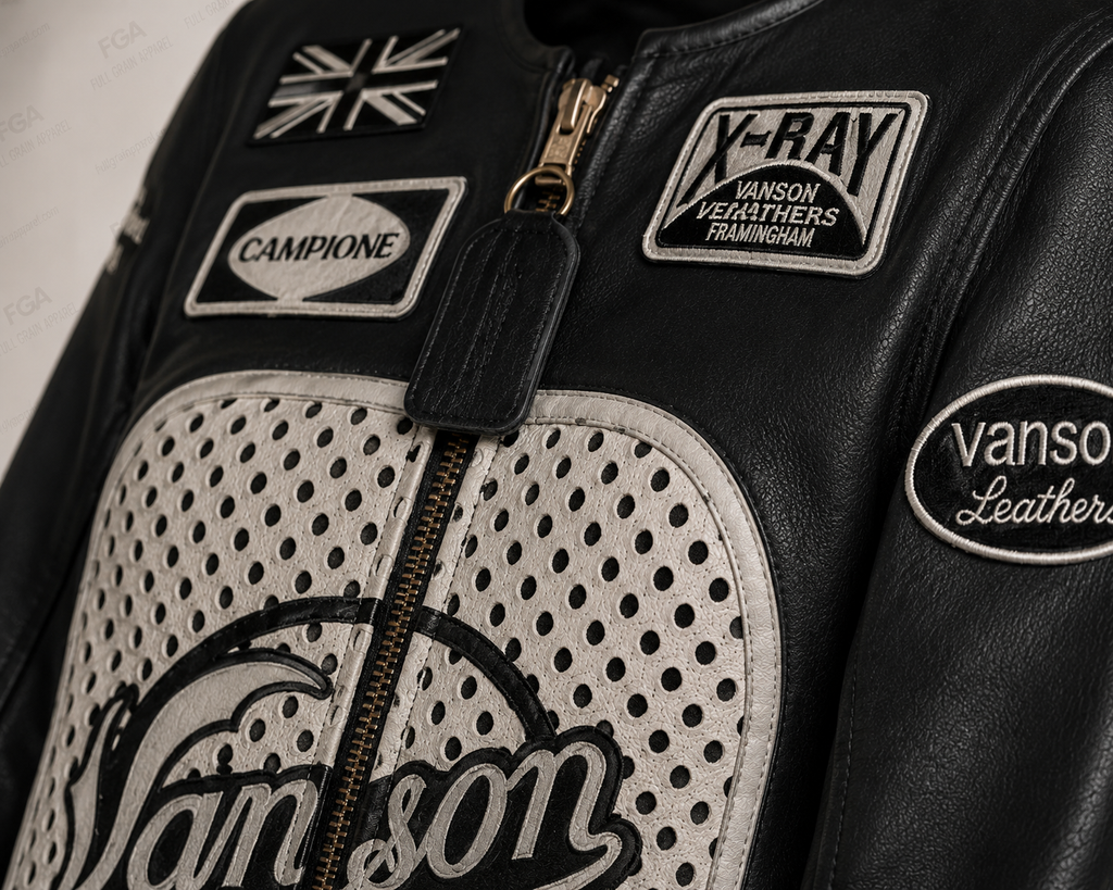 Vanson X-Ray leather jacket chest patches and perforated panel detail