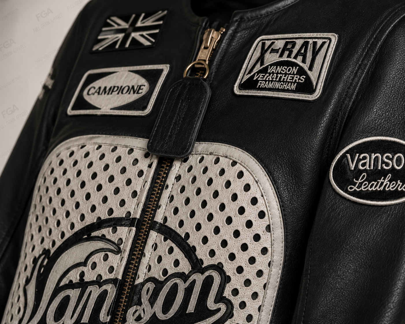 Vanson X-Ray leather jacket chest patches and perforated panel detail