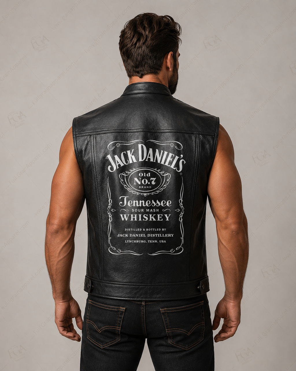 Vintage leather biker vest back view with Old No. 7 graphic