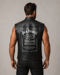 Vintage leather biker vest back view with Old No. 7 graphic