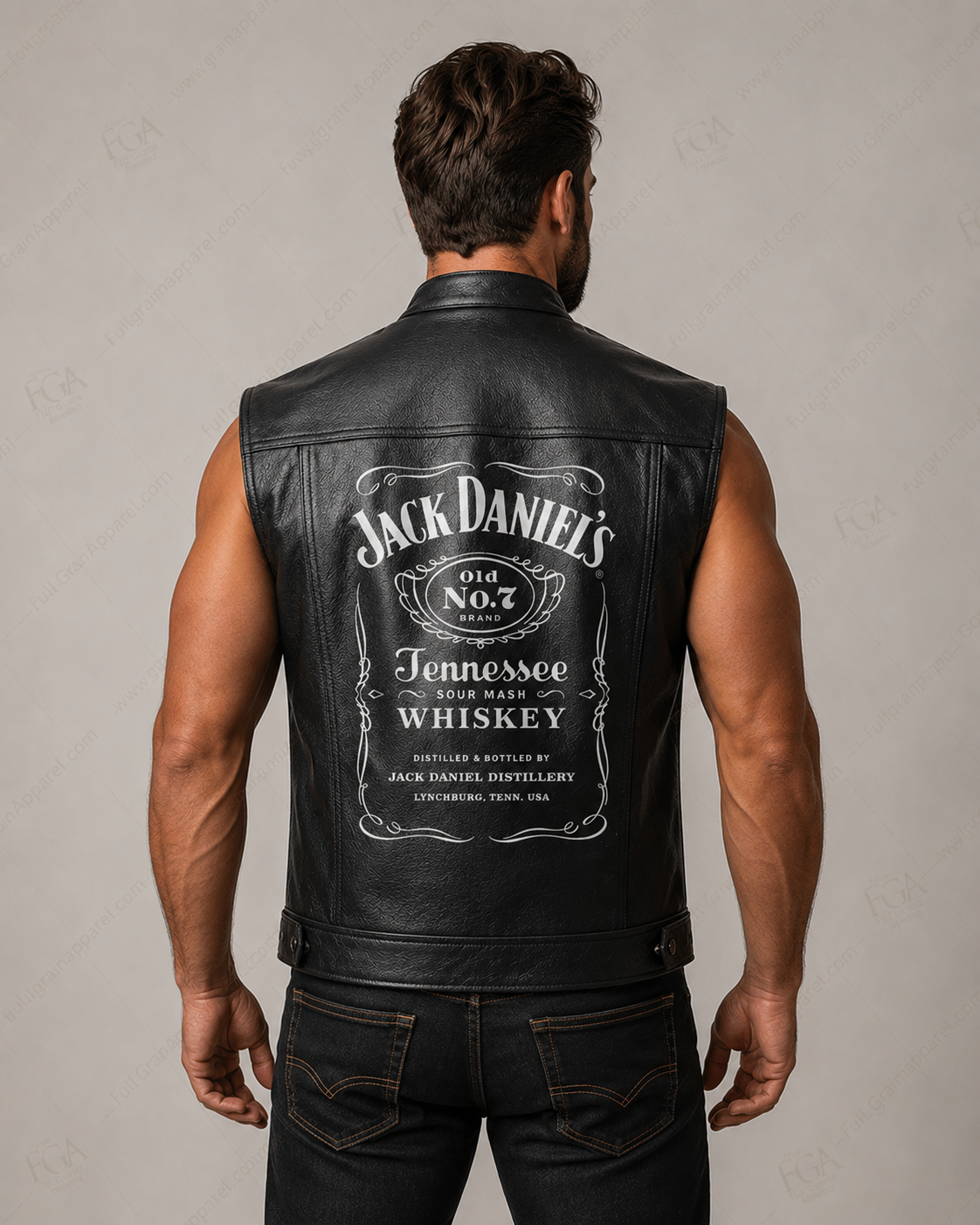 Vintage leather biker vest back view with Old No. 7 graphic