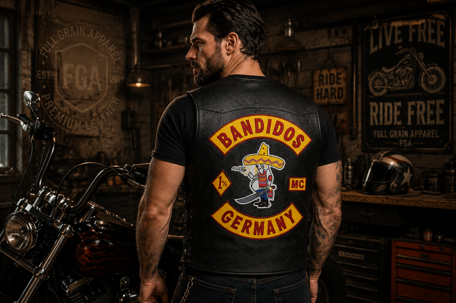 Vintage leather biker vest back view with Bandidos Germany patches