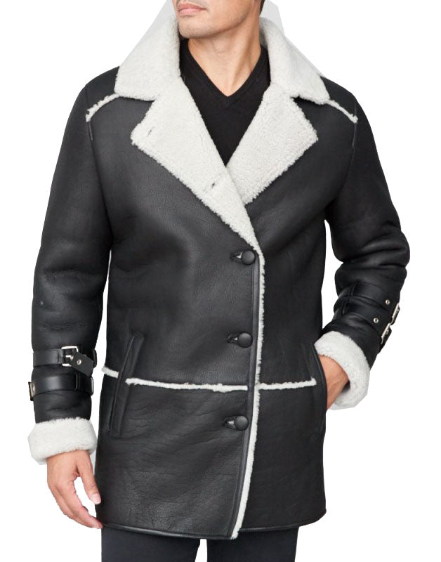 Men’s Black Shearling Sheepskin Car Coat | Rugged Executive Command | Full Grain Apparel
