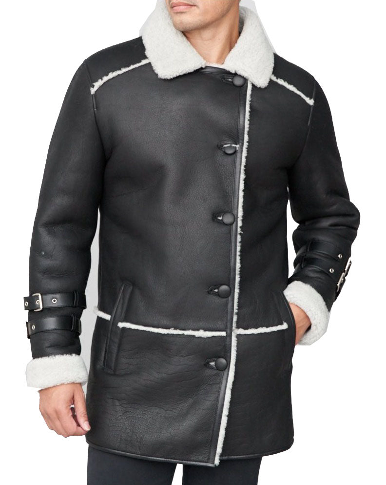 Men’s Black Shearling Sheepskin Car Coat | Rugged Executive Command | Full Grain Apparel