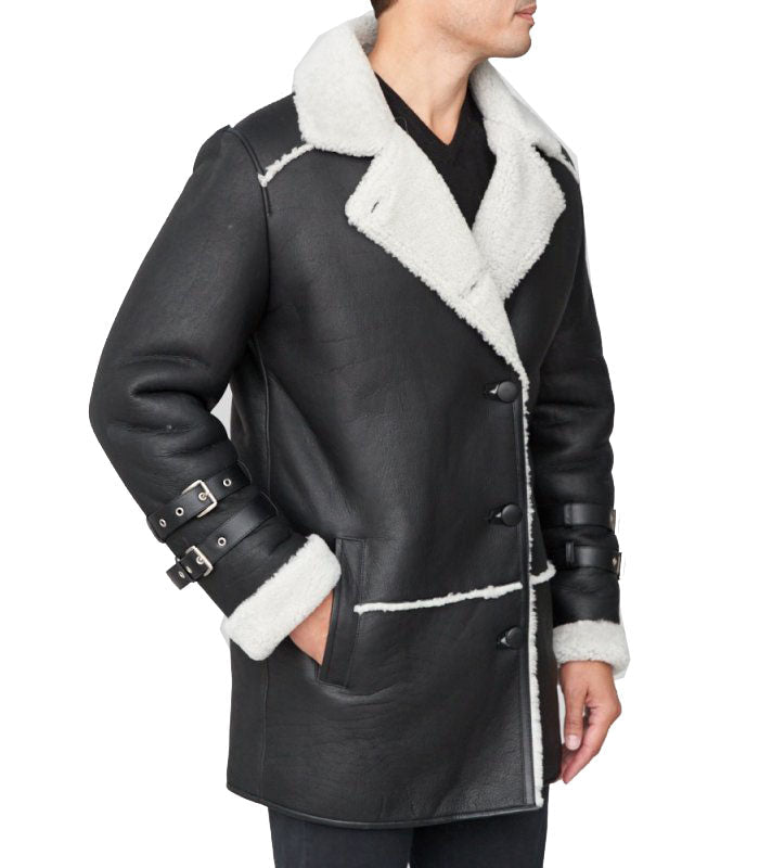 Men’s Black Shearling Sheepskin Car Coat | Rugged Executive Command | Full Grain Apparel