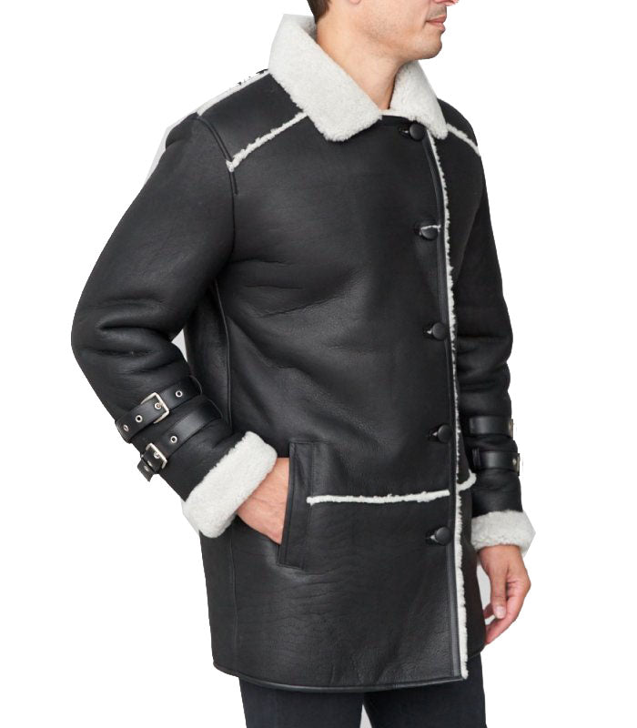 Men’s Black Shearling Sheepskin Car Coat | Rugged Executive Command | Full Grain Apparel