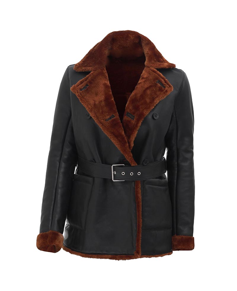 Women’s Black Double-Breasted Shearling Leather Coat | 3/4 Length | Full Grain Apparel